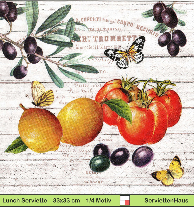 Oliven Tomaten Zitronen mit Schmetterlingen - 1 Paket mit 20 Servietten